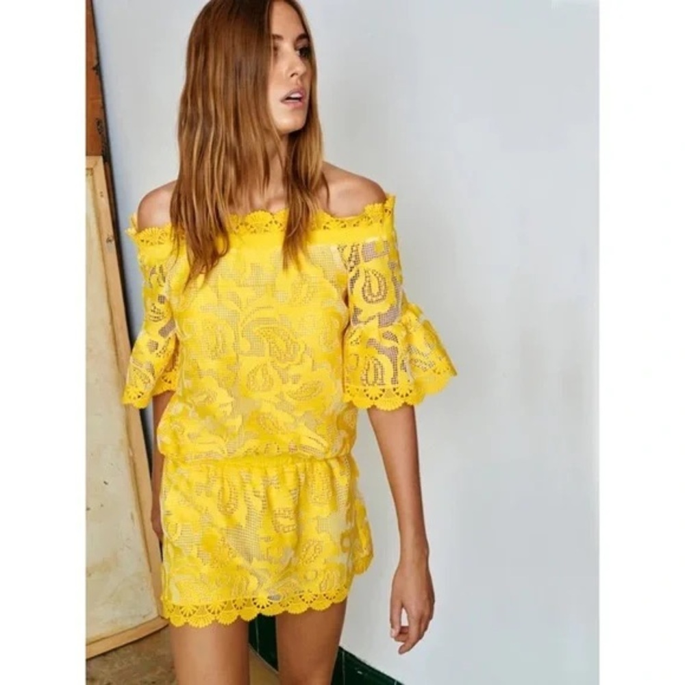 ALEXIS Bright Yellow Lace Off-the-Shoulder Top
